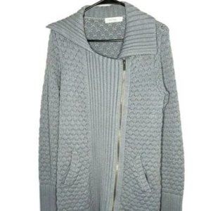 Calvin Klein Sweater Jacket Gray Cardigan M Zip Front Chunky Knit Rolled Collar